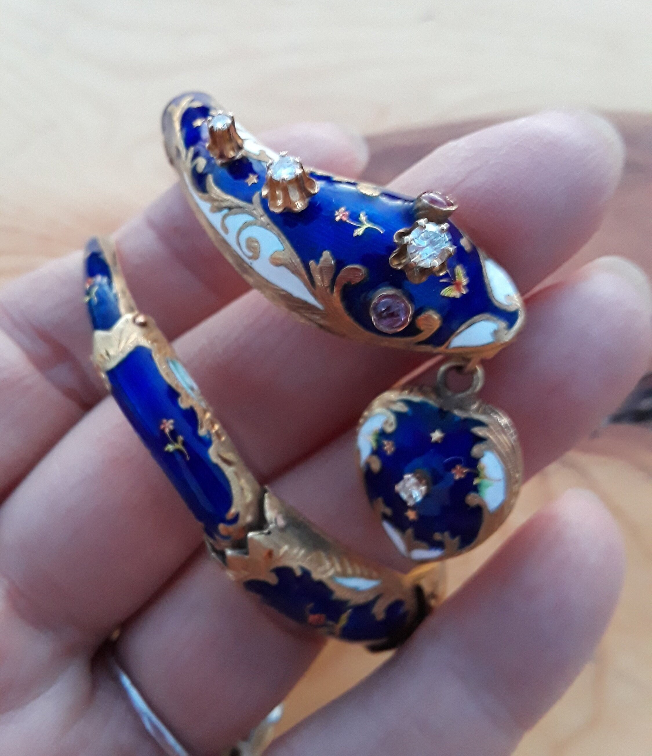 Victorian 14k Gold Diamond Blue Enamel Serpent Snake Holding Heart