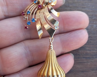 18k Gold Natural Amethyst Cabochon Paste Stones Brooch Pendant Dangling  Fabulous 3.25 Inches Exclusive One Of A Kind