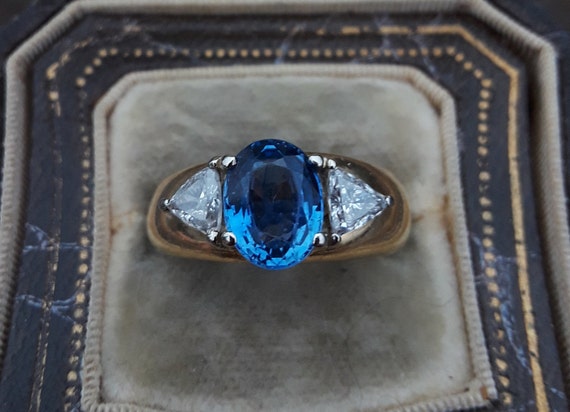 14k Gold Blue Sapphire Trillion Cut Side Diamonds Wed… - Gem