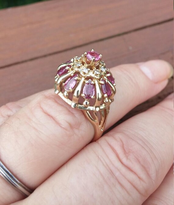 14k Gold Diamond Ruby Cascade Cocktail Ring - image 2