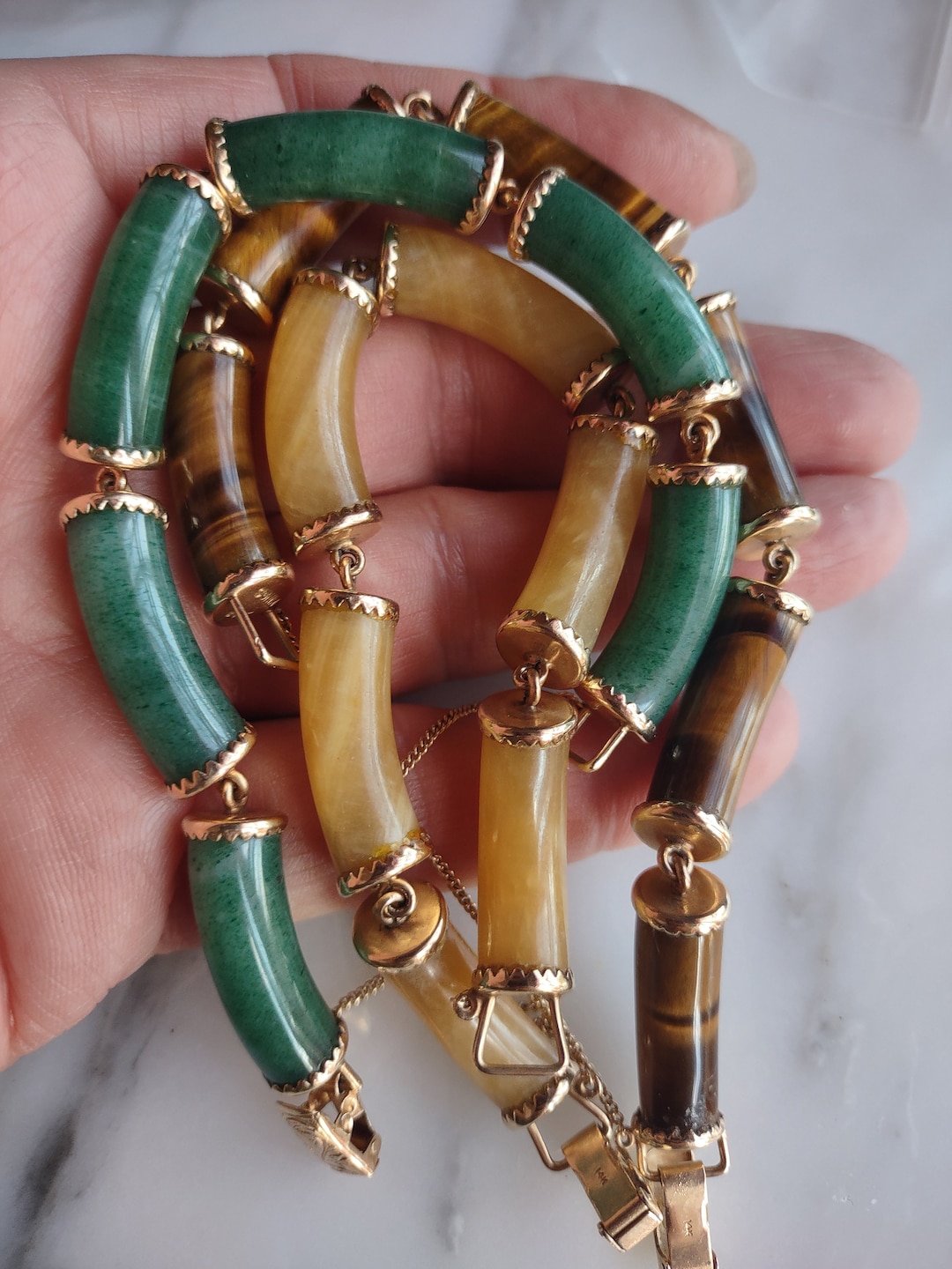 14k Gold Green Jade Yellow Jade Tiger Eye Link Bracelets Etsy