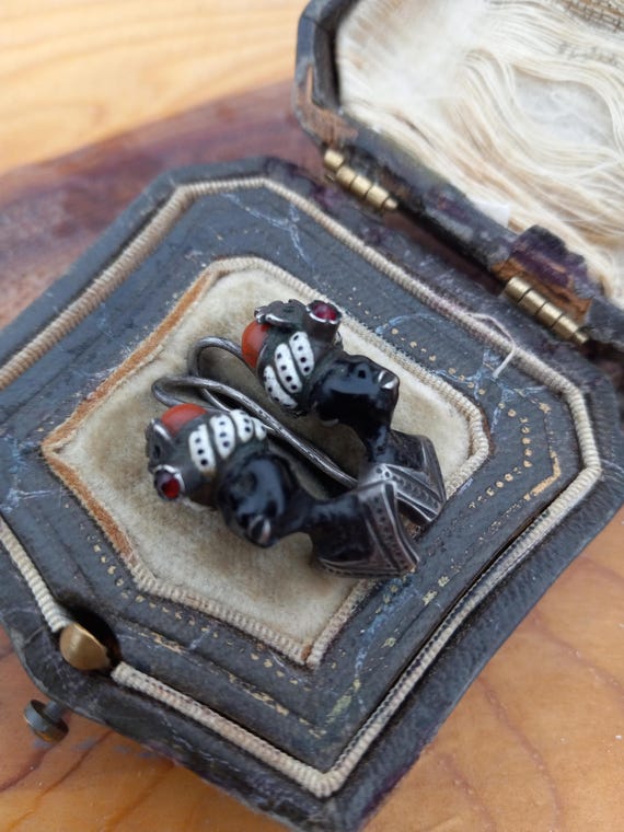 Victorian Silver Enamel Coral Ruby Blackmore Earr… - image 1