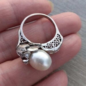 14k Gold Diamond Pearl Floral Design Wedding Engagement Cocktail Ring One Of A Kind zdjęcie 11