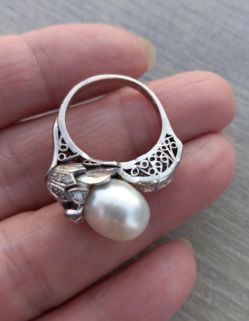 14k Gold Diamond Pearl Floral Design Wedding Engagement Cocktail Ring One Of A Kind zdjęcie 11
