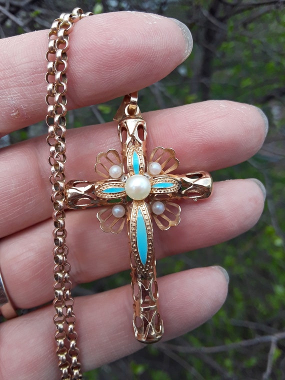 18k Gold Blue Enamel Pearl Cross Religious Pendant