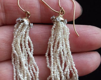18k Gold Diamond Seed Pearl Tessel Dangling Earrings Fabulous Rare One Of A Kind