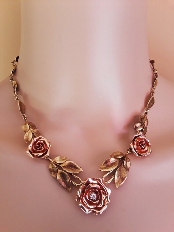 14k Gold Diamond Roses Flowers Necklace Fabulous Exc… Gem