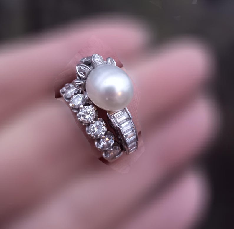 14k Gold Diamond Pearl Floral Design Wedding Engagement Cocktail Ring One Of A Kind zdjęcie 1