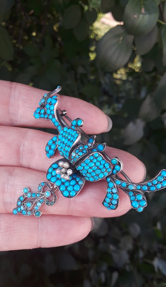 Georgian Silver Turquoise Pave Brooch Pin Fabulou… - image 3