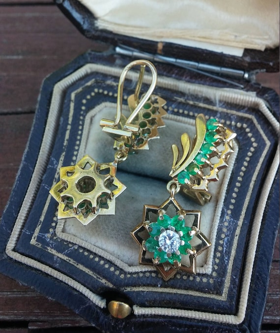 14k Gold Diamond Emerald Russian Dangle Earrings - image 2