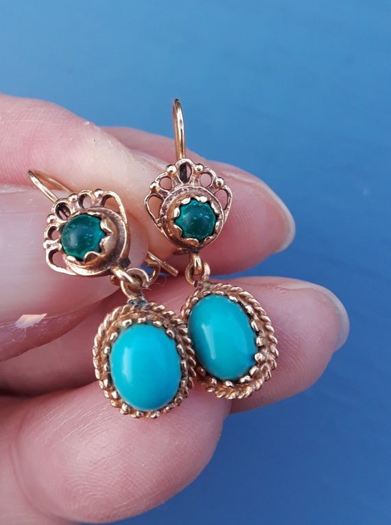 Victorian 14k Gold Turquoise Dangle Earrings Fabul