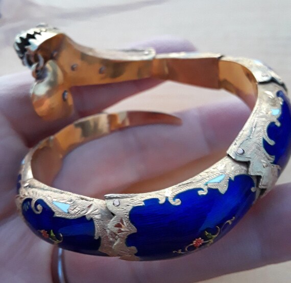 Victorian 14k Gold Diamond Blue Enamel Serpent Snake Holding Heart