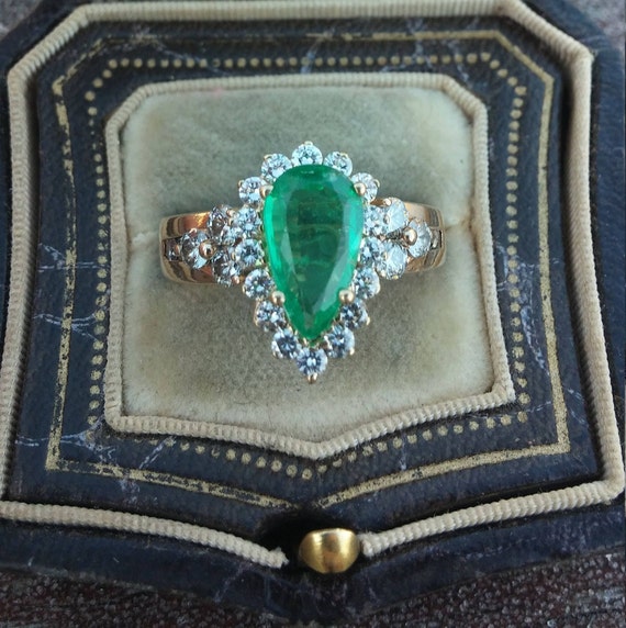 14k Gold 3ct Pear Shaped Columbian Emerald Diamon… - image 7