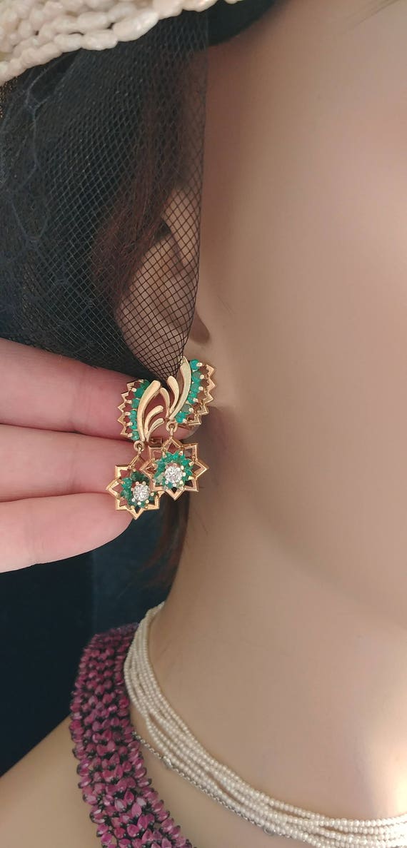 14k Gold Diamond Emerald Russian Dangle Earrings - image 5