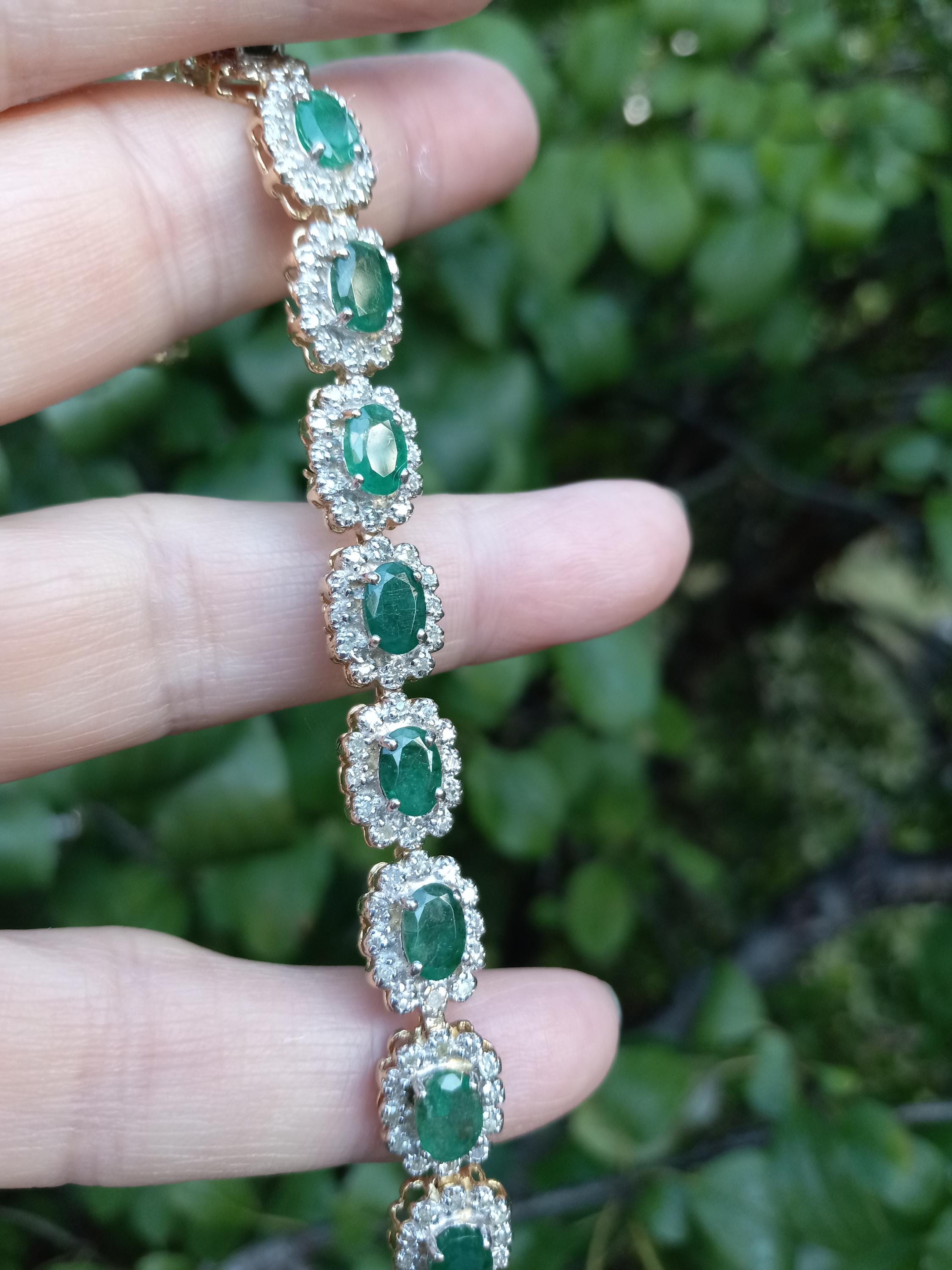 14k Gold Colombian Emerald Diamond Flower Design Tennis Link