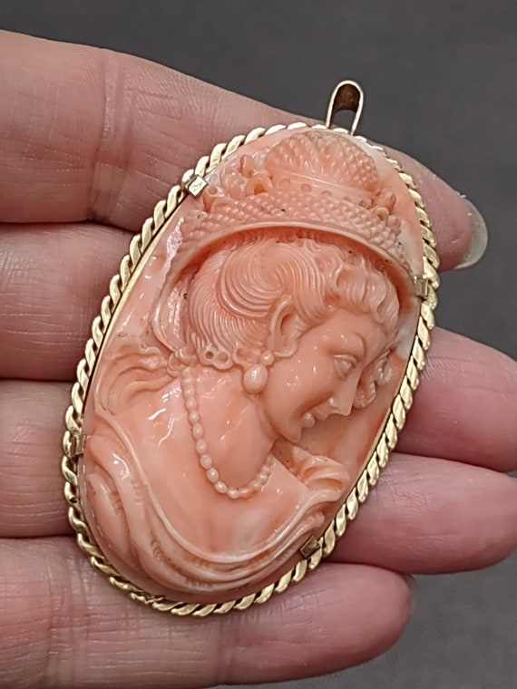 Victorian 14k Gold Salmon Coral Cameo  Brooch Pen… - image 6