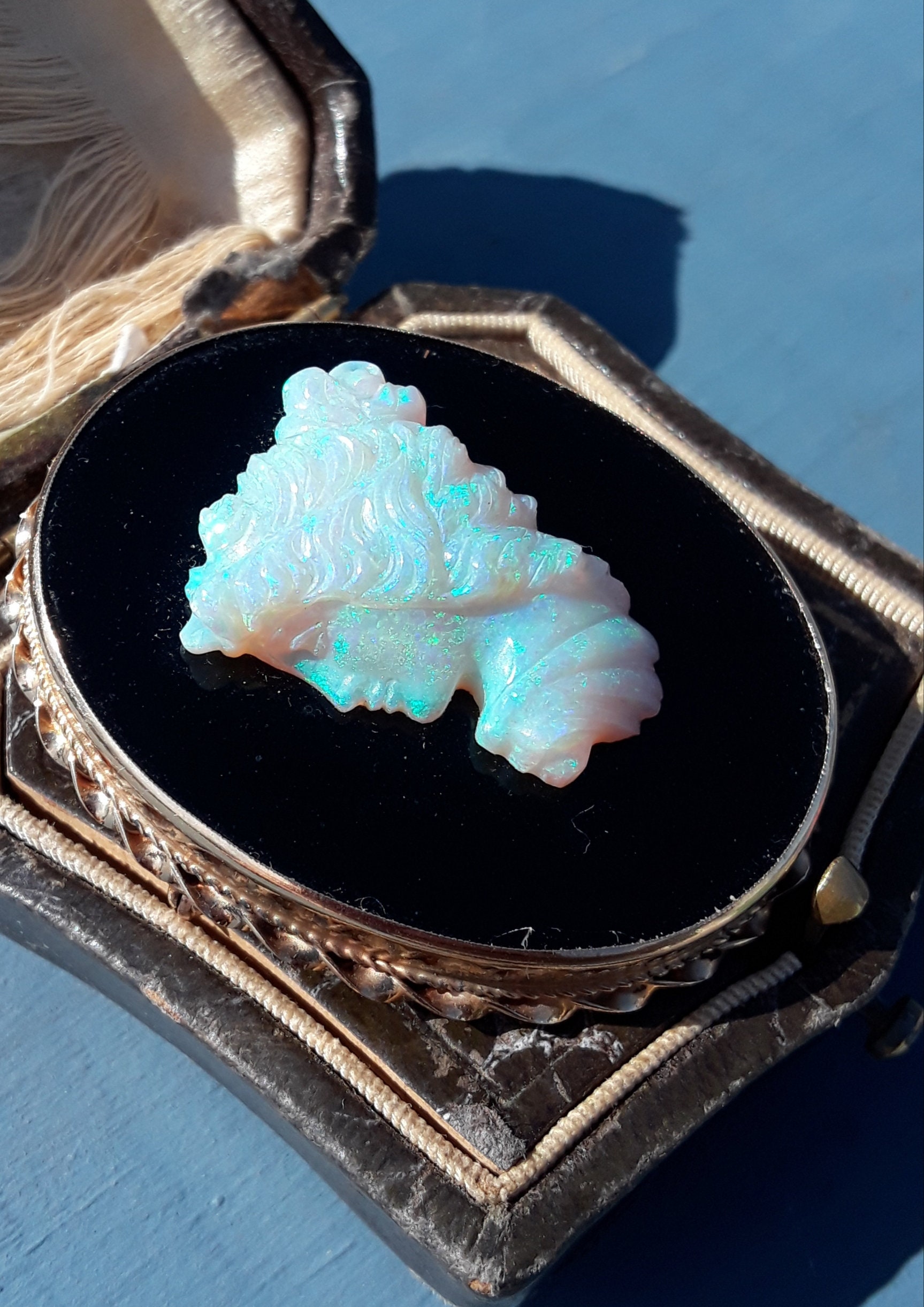 Victorian 14k Gold Black Onyx Australian Opal Cameo Brooch