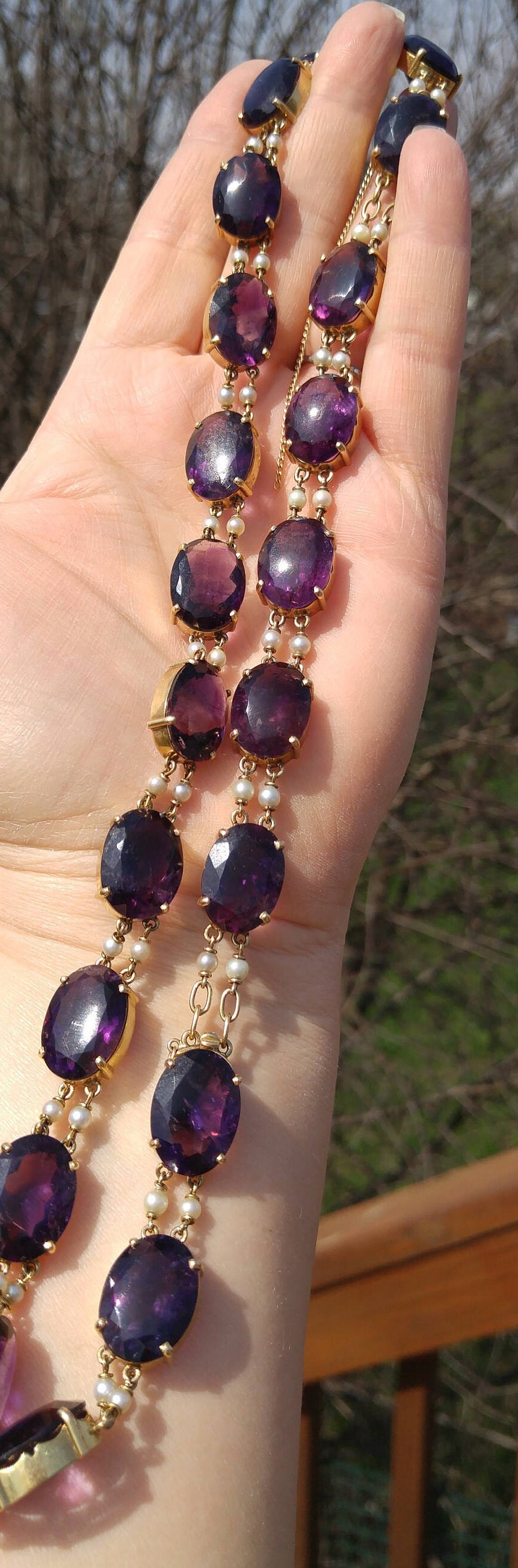 Art Nouveau 14k Gold 200ct Amethyst Seed Pearl Riviera Necklace and ...