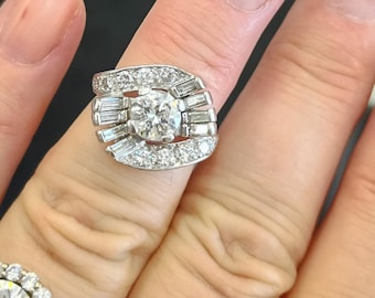 Platinum 0.85ct Center Natural Diamond 0.85ct Baguette Round Diamonds Halo Wedding Engagement Cocktail Statement Ring Fabulous 7 Grams