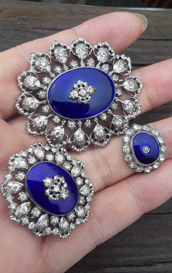 Georgian Silver Blue Enamel Paste Set Two Brooches