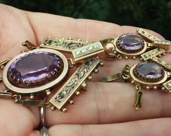 Victorian 14k Gold Amethyst Seed Pearl Set Earrings and Brooch