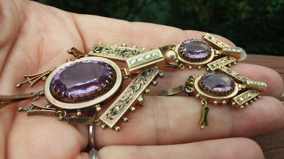 Victorian 14k Gold Amethyst Seed Pearl Set Earrings and Brooch
