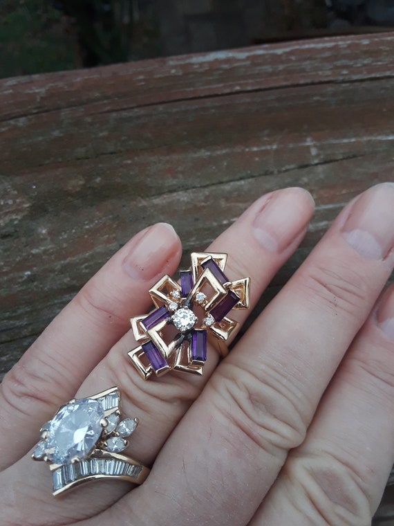 14k Gold Diamond Amethyst Modern Ring Wedding Eng… - image 1