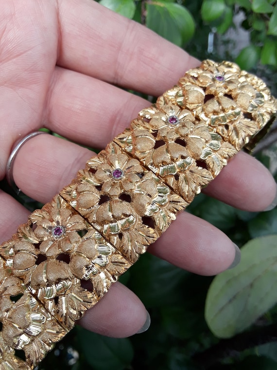 18k Gold  Ruby  Flowers Link Bracelet Fabulous  E… - image 2