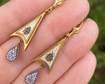 Victorian 14k Gold Micro Mosaic Bugs Dangling Earrings Fabulous Exclusive One Of A Kind