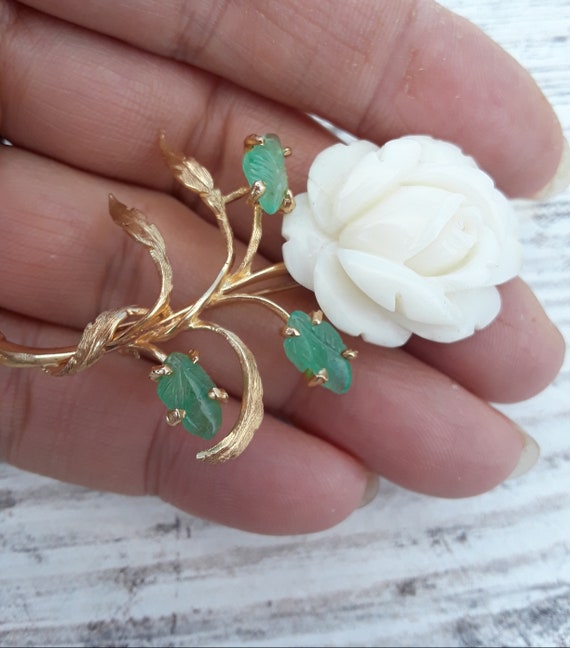 14k Gold Emerald Angel Skin Coral Flower Rose Broo