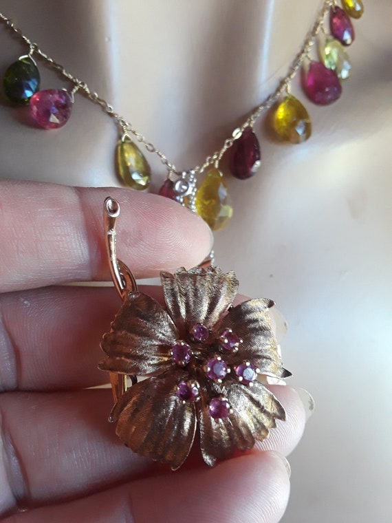 14k Gold Ruby Flower Brooch Pin Fabulous