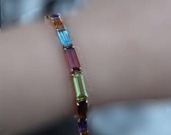 14k Gold  Multi Gemstones Tennis Link Bracelet Fabulous