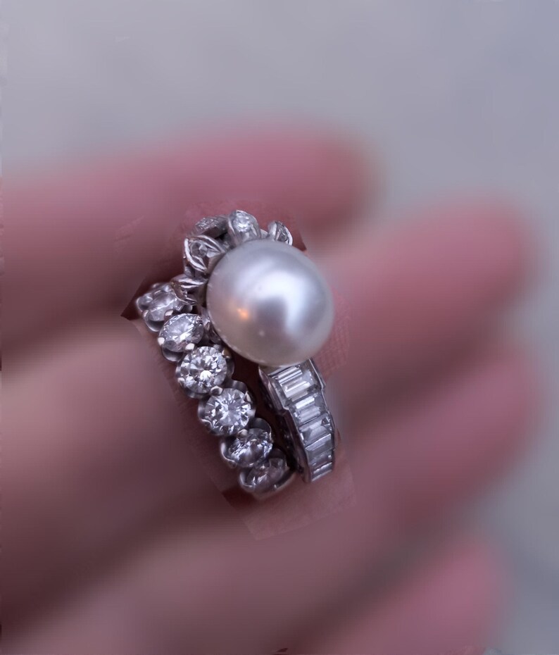 14k Gold Diamond Pearl Floral Design Wedding Engagement Cocktail Ring One Of A Kind zdjęcie 14
