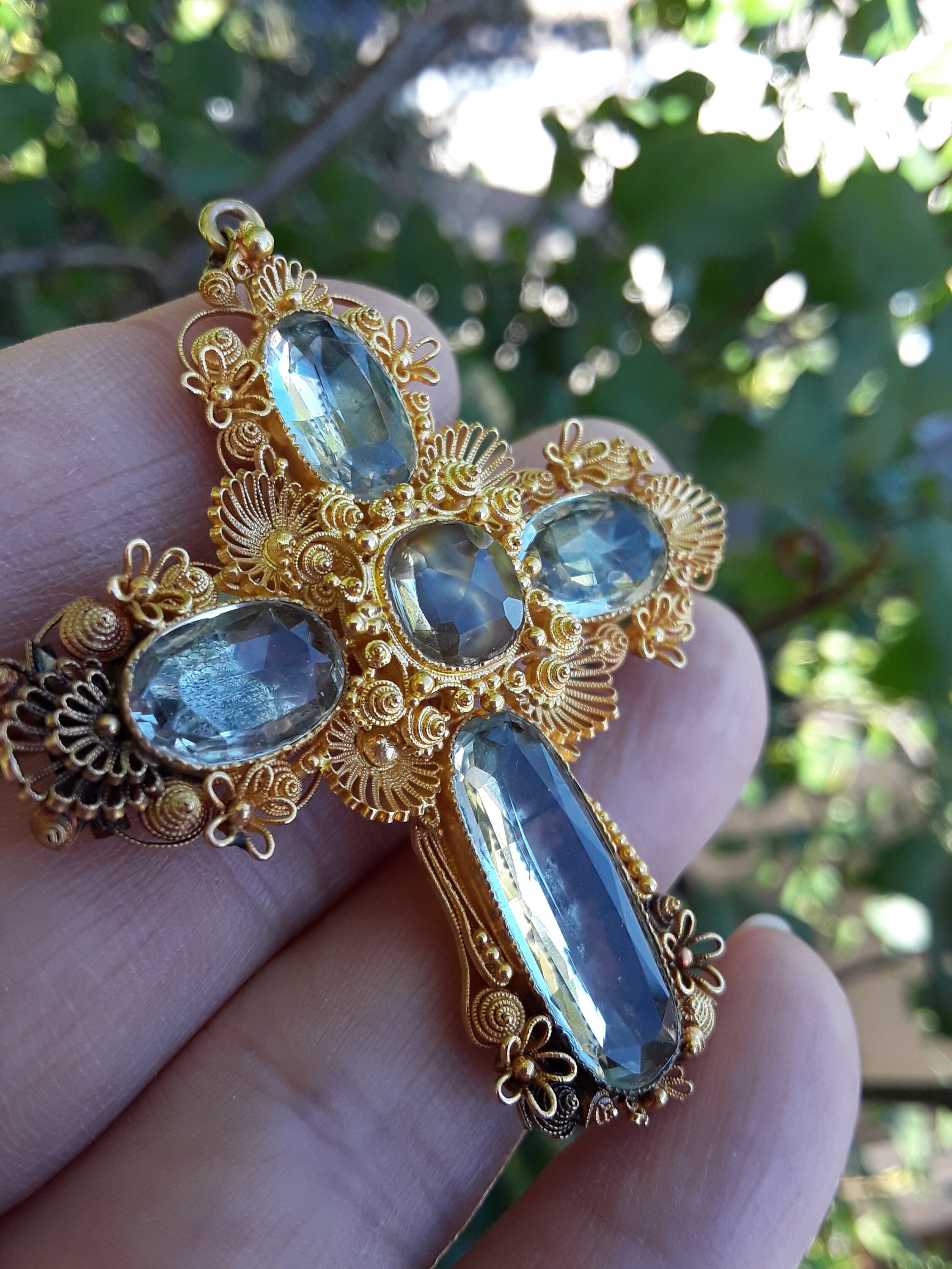 Georgian 22k Gold Cannetille Aquamarine Cross Pendant Brooch 17