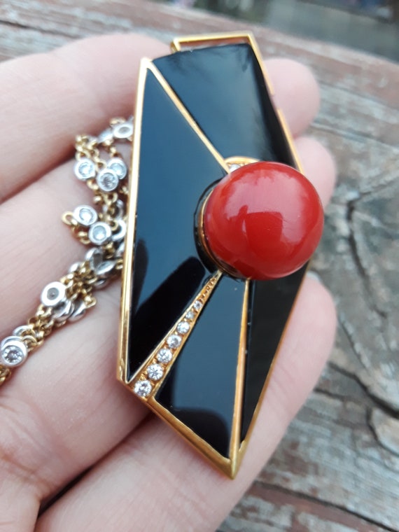 18k Gold Black Onyx Diamond Red Coral Brooch Pin … - image 7