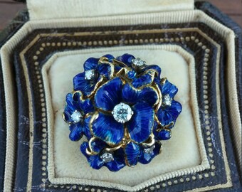 18k Gold Diamond Blue Enamel Flower Design Victorian Ring