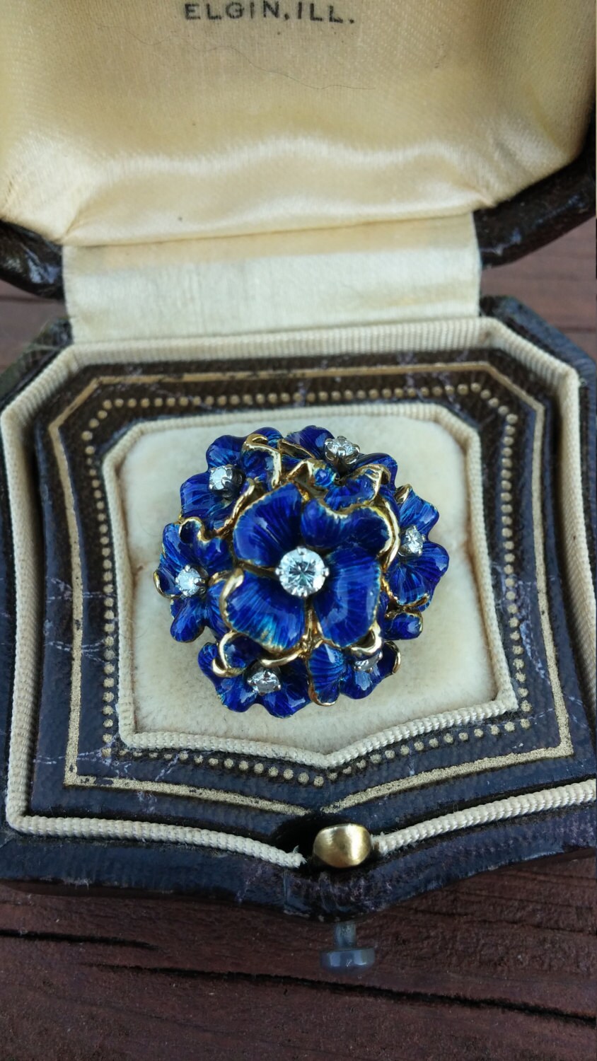18k Gold Diamond Blue Enamel Flower Design Victorian Ring