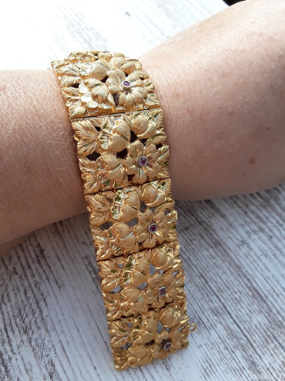 18k Gold  Ruby  Flowers Link Bracelet Fabulous  E… - image 1
