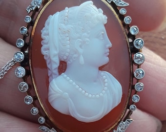 Victorian 14k Gold Silver Old Mine Cut Diamond Hard Stone Cameo Brooch Pendant Fabulous One Of A Kind Exclusive