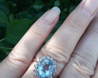 14k Gold Diamond Aquamarine Wedding Engagement Cocktail Statement Ring Fabulous