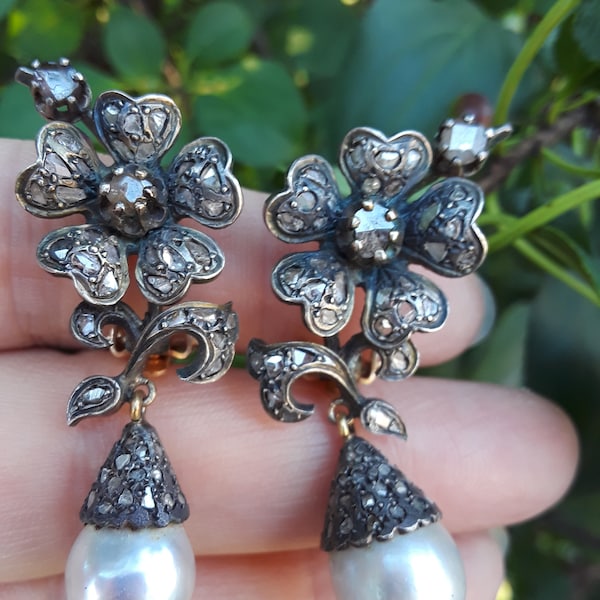 Georgian 14k Silver Rose Cut Diamond Pearl Dangling Clip On Earrings Flower Design Fabulous