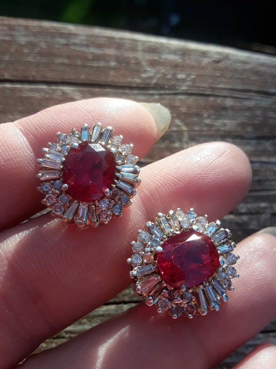 14k Gold Baguette Round Diamond Synthetic Ruby Ballerina Stud Earrings Exclusive Custom Made Etsy