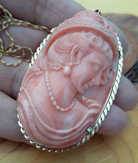 Victorian 14k Gold Salmon Coral Cameo  Brooch Pen… - image 7