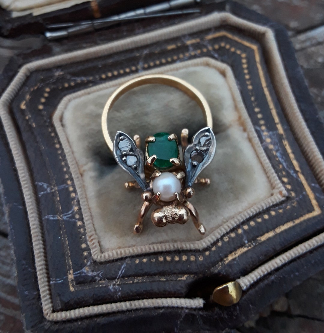 Georgian 18k Gold Rose Cut Diamond Emerald Bee Fly Ring - Etsy