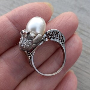 14k Gold Diamond Pearl Floral Design Wedding Engagement Cocktail Ring One Of A Kind zdjęcie 9