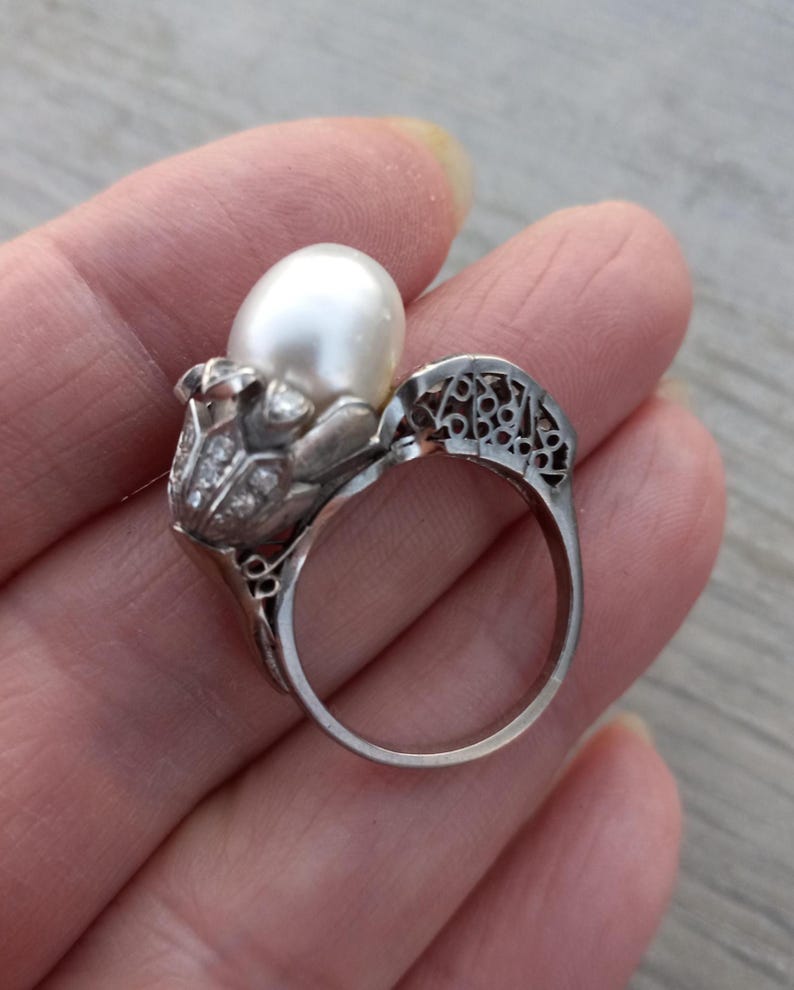 14k Gold Diamond Pearl Floral Design Wedding Engagement Cocktail Ring One Of A Kind zdjęcie 9