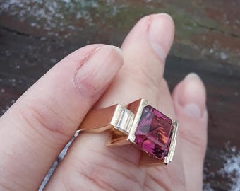 14k Gold Baguette Diamond Red Tourmaline Wedding Engagement Cocktail Ring Modern Ring Exclusive One Of A Kind