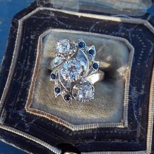 14k Gold Old Mine Cut Diamond Blue Sapphire Wedding Engagement Cocktail Statement Past Present Future Ring Fabulous