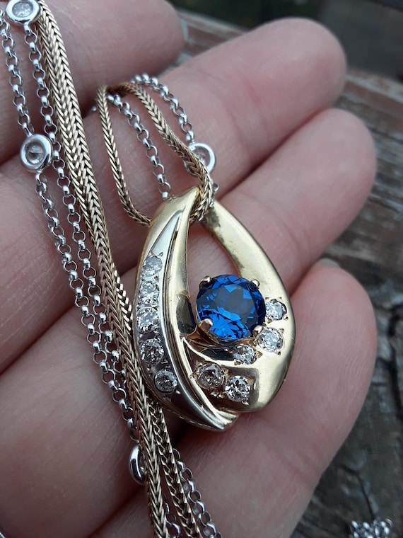 14k Gold 2.50ct Diamond Blue Sapphire Pendant