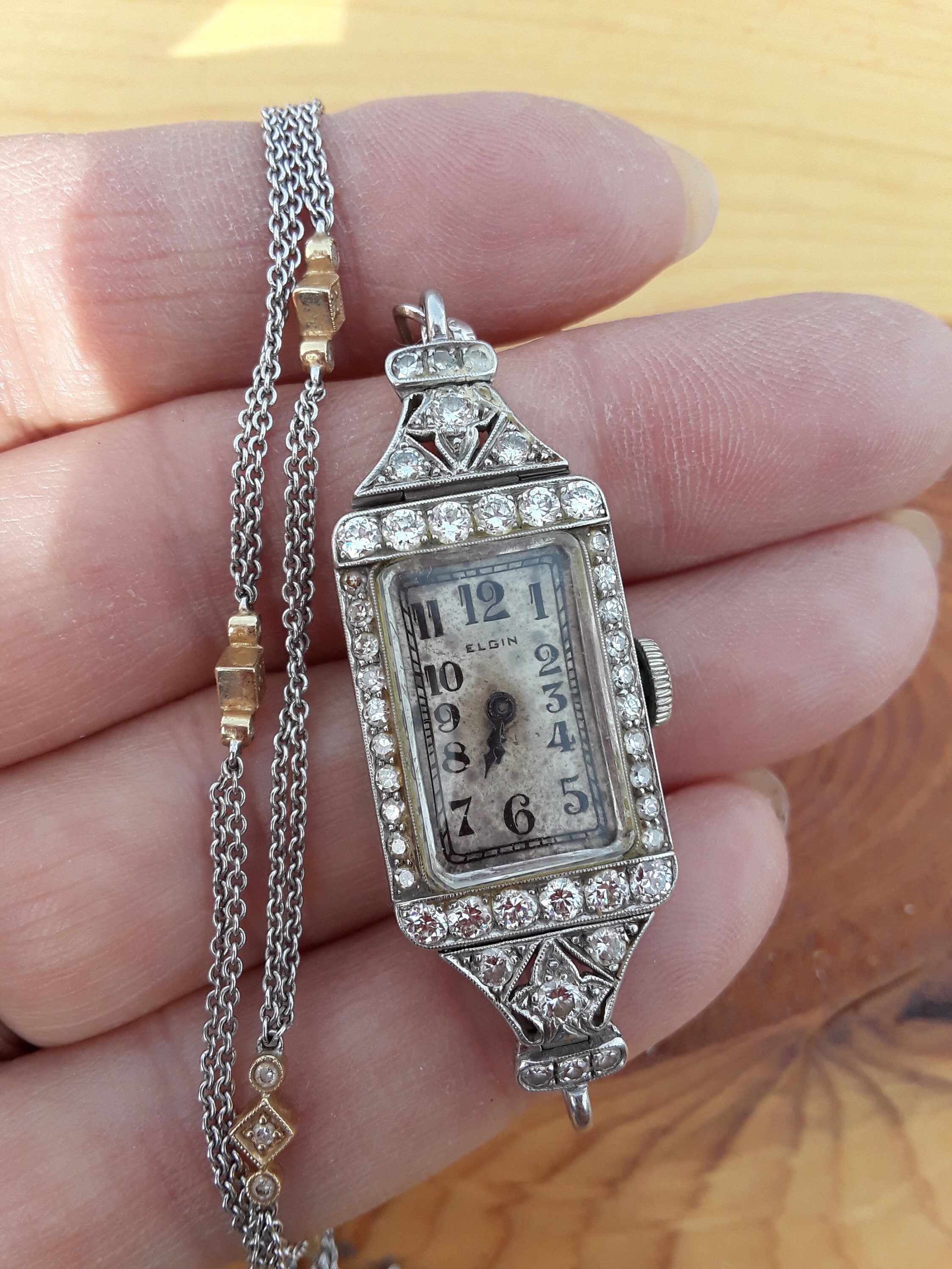 Art Deco Platinum 2ct Diamond Watch Elgin With A Diamond 14k Gold Chain ...